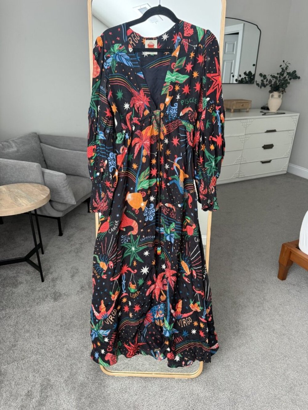 FARM Rio Zodiac Print Maxi Dress Black Red Balloon Sleeve size M